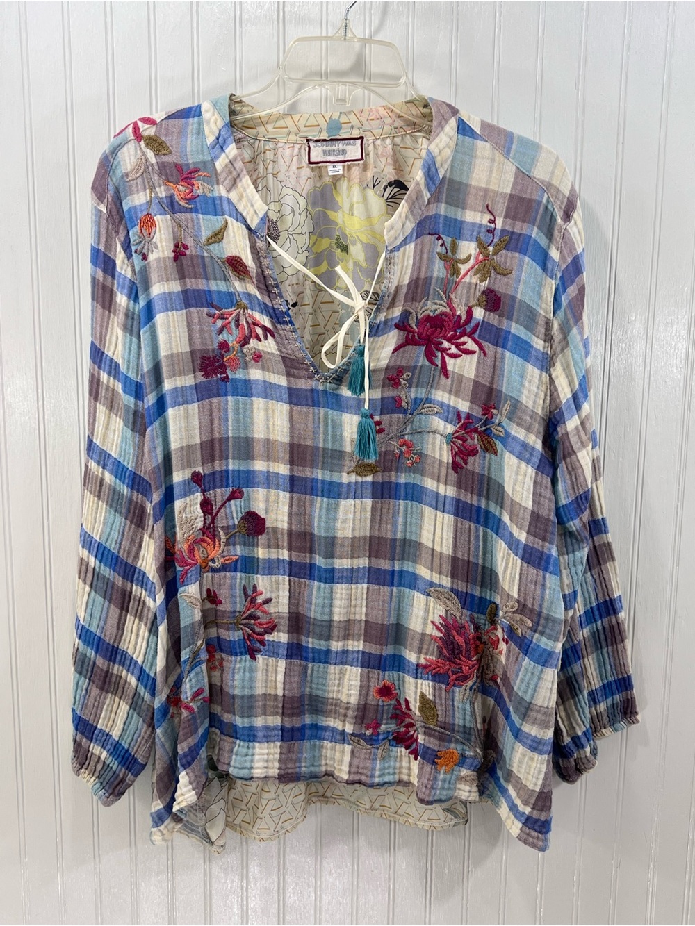 Johnny Was Workshop Plaid Floral Embroidered Silk Back Peasant Top XL